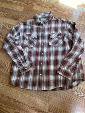 Old Navy Men's Plaid Button-Down Shirt in Beige, Red and Brown